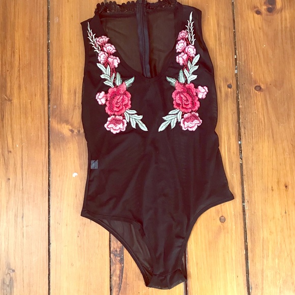 Tops - Black Mesh Bodysuit With Floral Appliqué